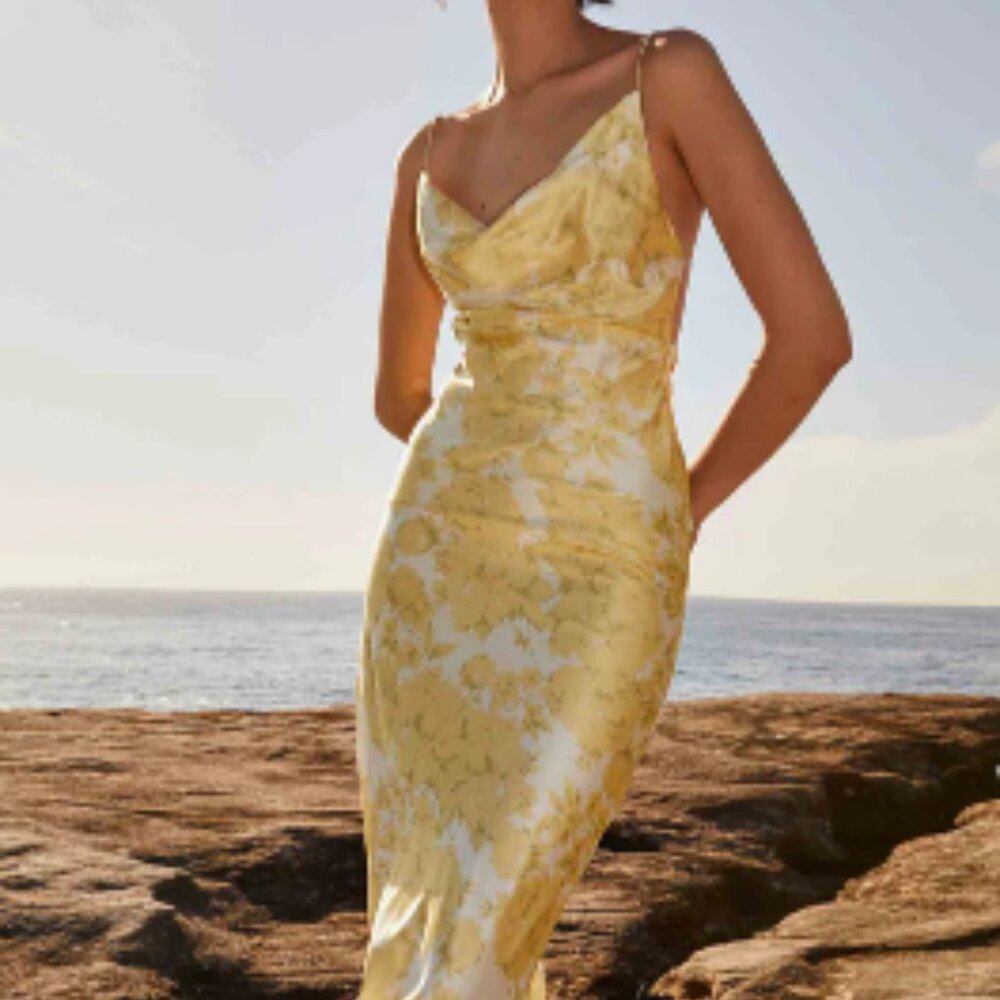 Yellow Floral Satin Slip Dress